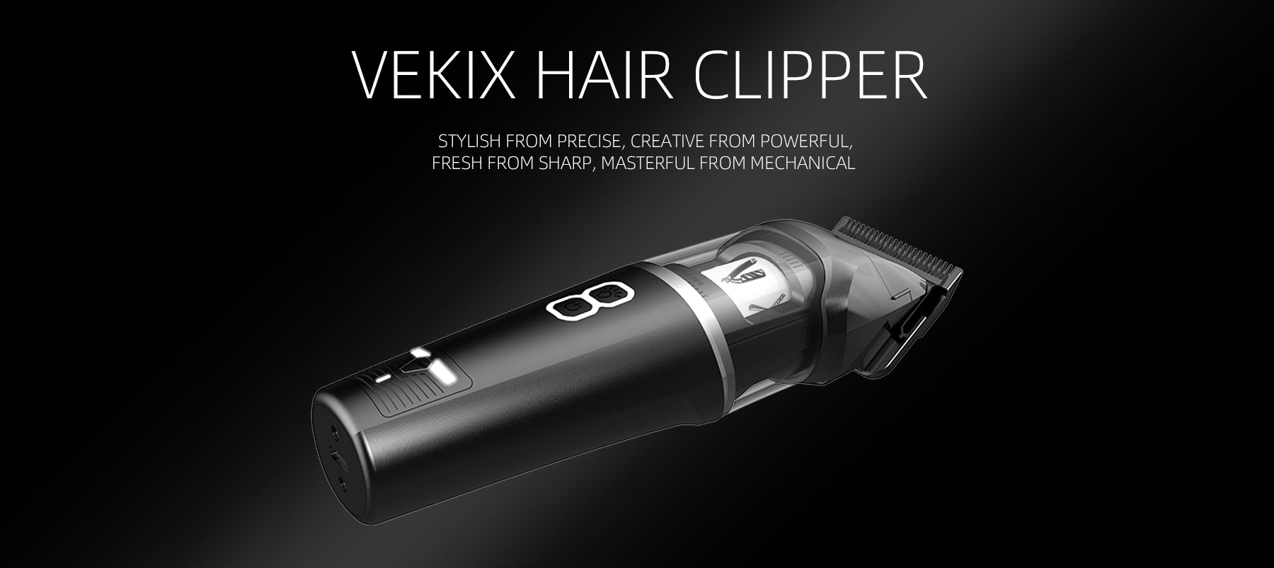Vekix 7500RPM Clipper banner showcasing stylish precision, powerful creativity, sharp freshness, and masterful mechanical design for barbers and grooming