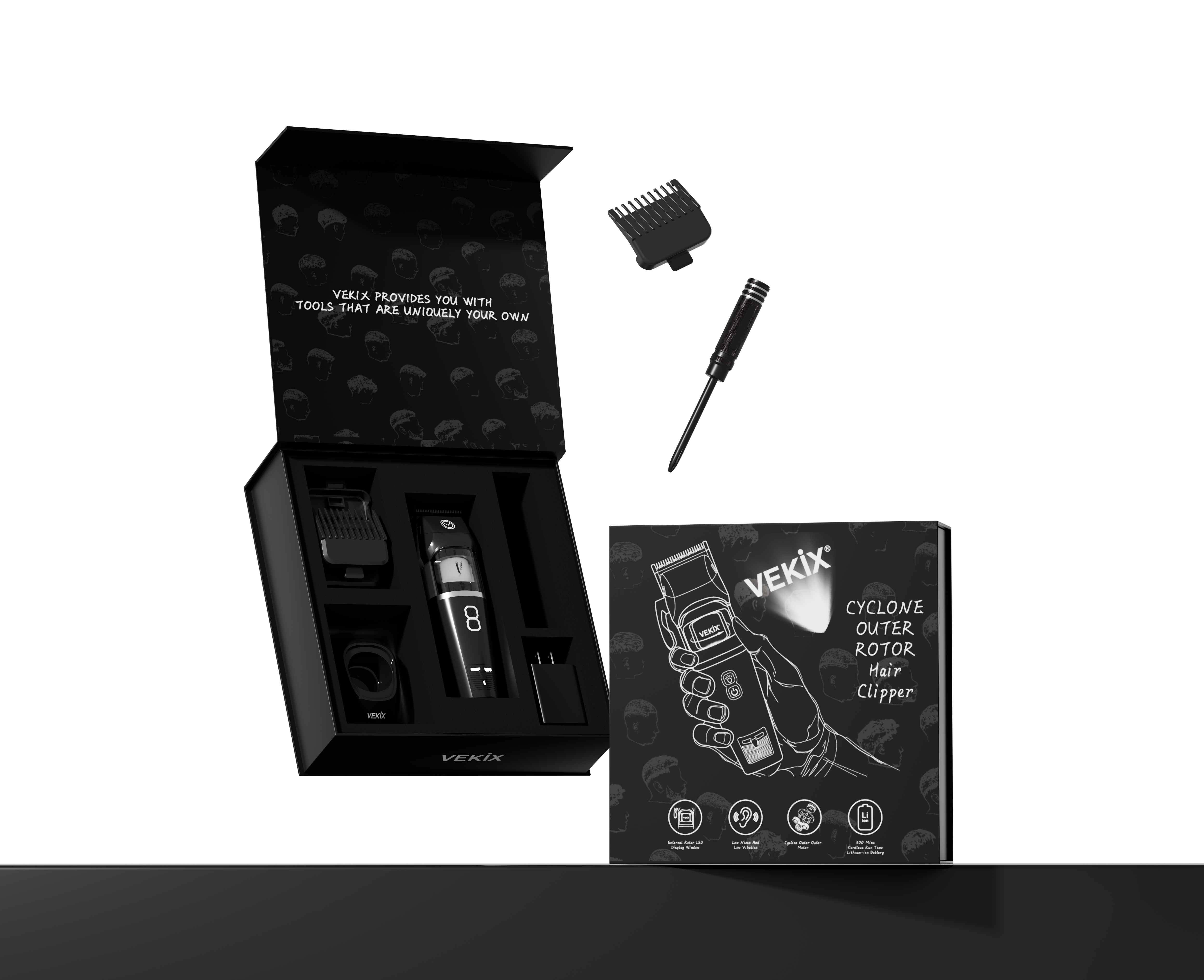 VEKIX Cyclone Outer Rotor Black hair clipper set with packaging on a white background