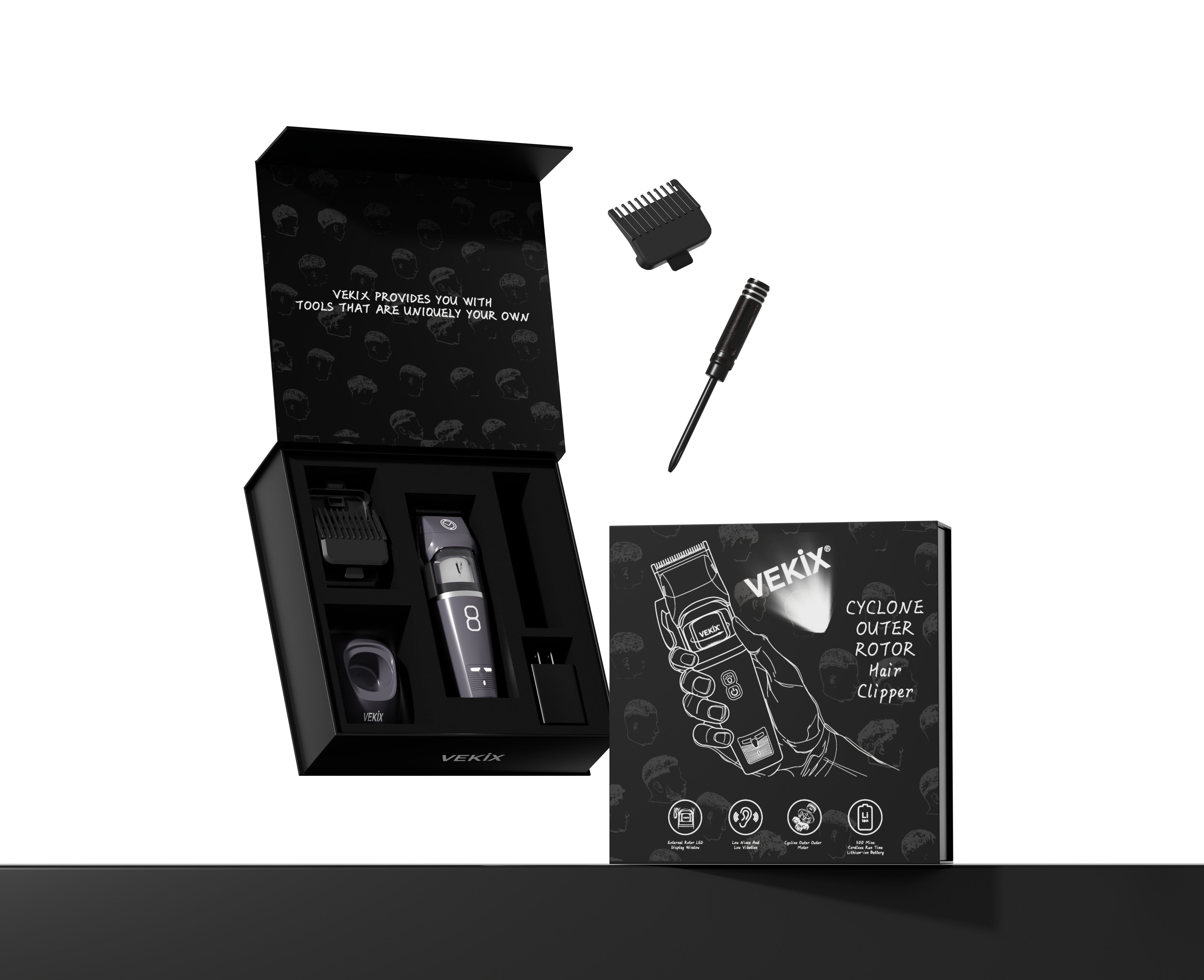 VEKIX Cyclone Outer Rotor Silver hair clipper set with packaging on a white background